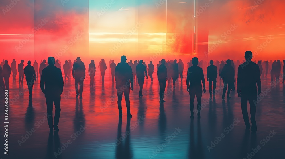 A group of people are walking in a city with a sunset in the background A group of people are walking in a city with a sunset in the background