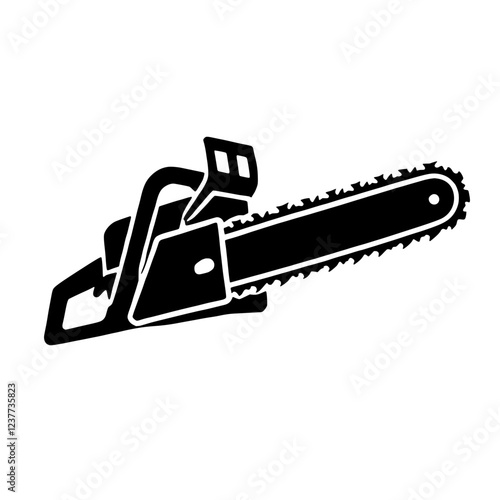 Chainsaw Icon: A bold, black and white vector illustration of a chainsaw, perfect for construction, forestry, or industrial design projects. The detailed icon is sharp and easily scalable.