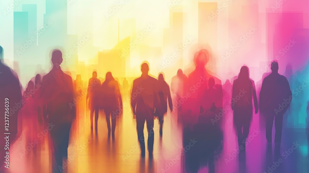 A group of people walking in a city with a colorful background A group of people walking in a city with a colorful background