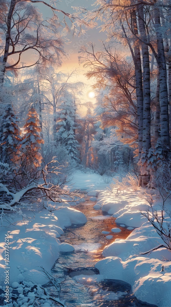 Naklejka premium Serene Winter Forest with Snow-Covered Trees and a Frozen Stream. AI generated illustration