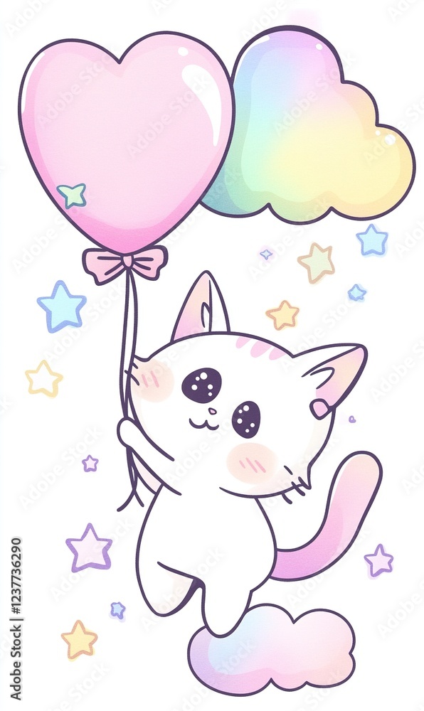 Cute Cat Flying Heart Balloons Pastel Clouds Stars Cute Cat Flying Heart Balloons Pastel Clouds Stars