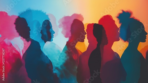 A group of people are silhouetted against a colorful background
