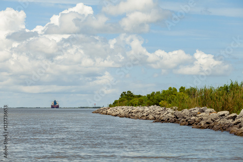 An oil tanker heading down the Mississippi River toward the Gulf of Mexico, Plaquemines Parish, Louisiana, USA 