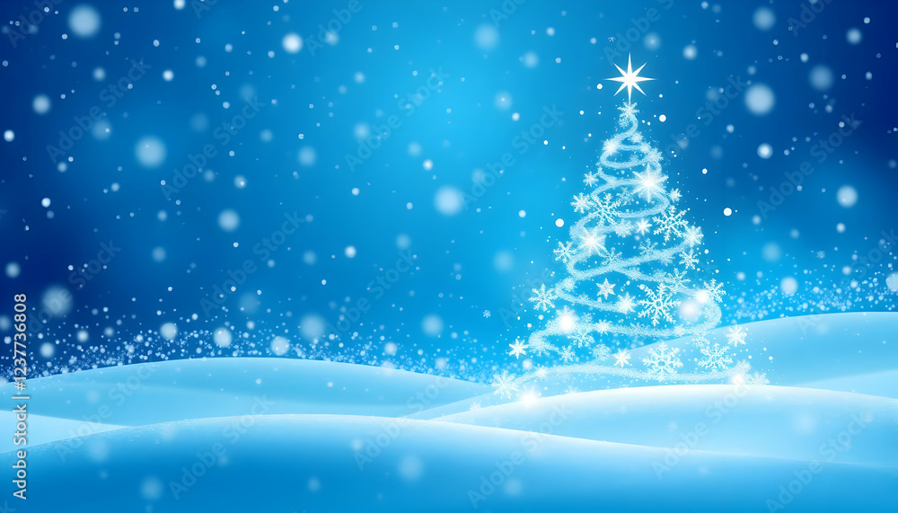 Winter wonderland, glowing Christmas tree, sparkling lights, snowy landscape, magical blue background, twinkling stars, festive scene, ethereal atmosphere, shimmering snowflakes, dreamy holiday settin Winter wonderland, glowing Christmas tree, sparkling lights, snowy landscape, magical blue background, twinkling stars, festive scene, ethereal atmosphere, shimmering snowflakes, dreamy holiday settin