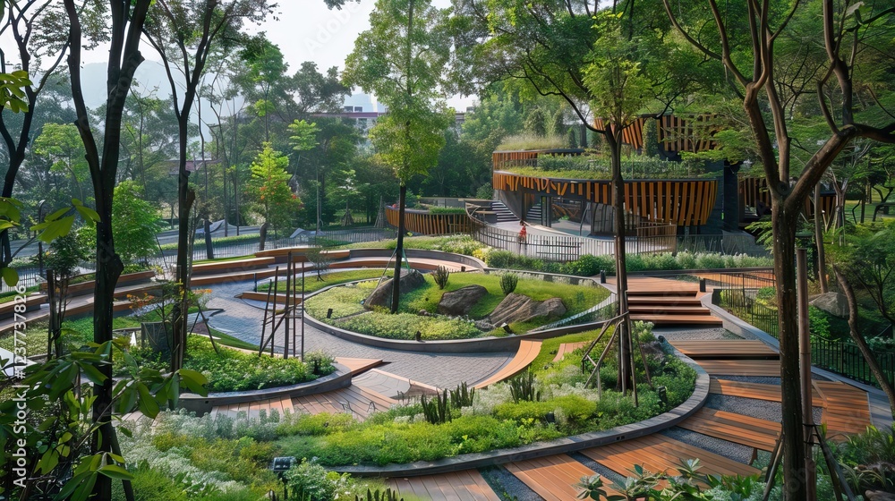 beautiful green park landscape architecture. AI generated illustration beautiful green park landscape architecture. AI generated illustration