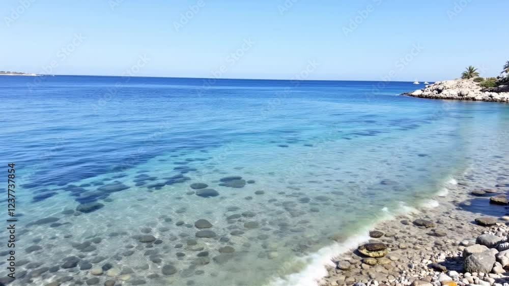 Clear turquoise ocean, rocky beach, island coast, calm waves, sunny day Clear turquoise ocean, rocky beach, island coast, calm waves, sunny day