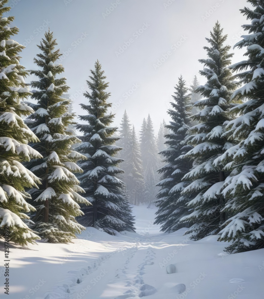 Obraz premium Snow-covered evergreen trees in a serene winter landscape, winter wonderland scenery, frosty forest, frozen trees
