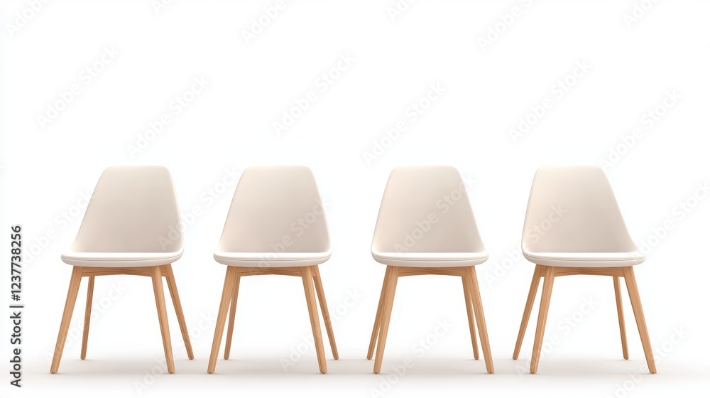 Obraz premium Living room Minimalist Furniture Set of minimalist dining chairs with wooden frames and upholstered seats, neutral colors, white background
