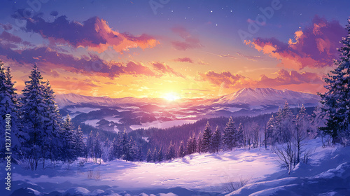 Wallpaper Mural A breathtaking winter landscape with the sun setting behind snowy mountains, peaceful and serene Torontodigital.ca