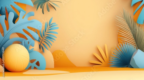 Tropical summer scene with vibrant leaves and a beach ball