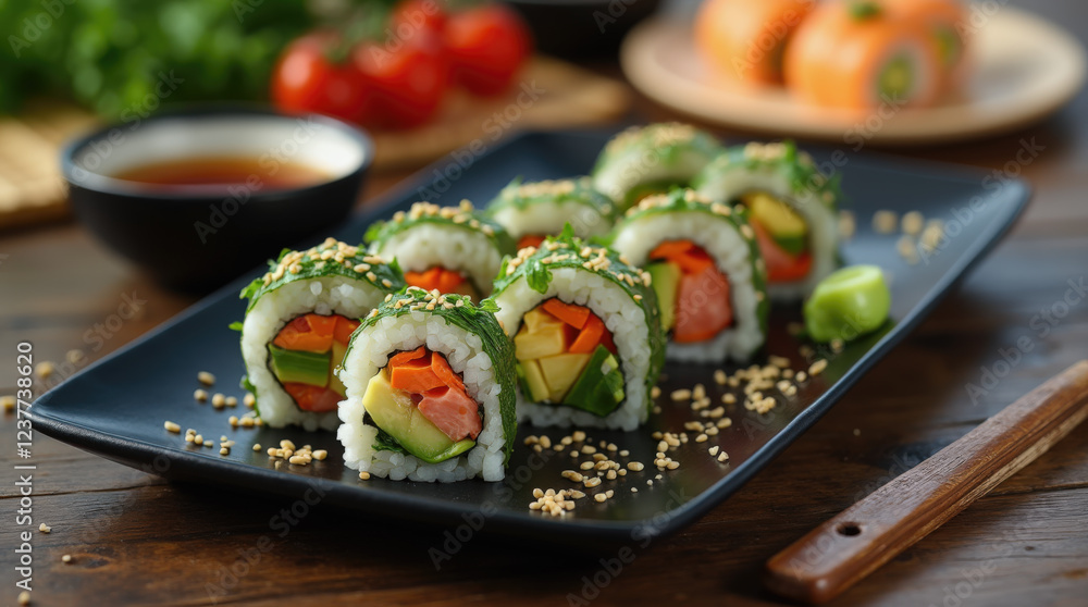Sushi rolls are artfully arranged on a dark plate, topped with sesame seeds. Fresh ingredients like avocado, carrots, and salmon create a vibrant and appetizing presentation. Sushi rolls are artfully arranged on a dark plate, topped with sesame seeds. Fresh ingredients like avocado, carrots, and salmon create a vibrant and appetizing presentation.