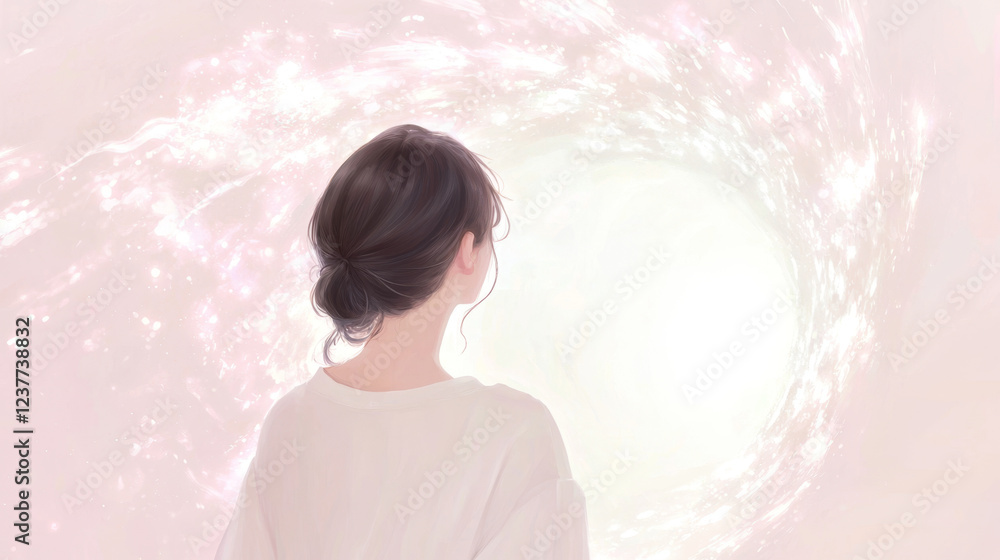serene figure gazes into luminous, swirling light, evoking wonder serene figure gazes into luminous, swirling light, evoking wonder