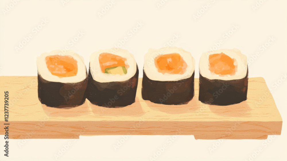 Freshly prepared vegan sushi rolls on wooden platter, vibrant and appetizing Freshly prepared vegan sushi rolls on wooden platter, vibrant and appetizing
