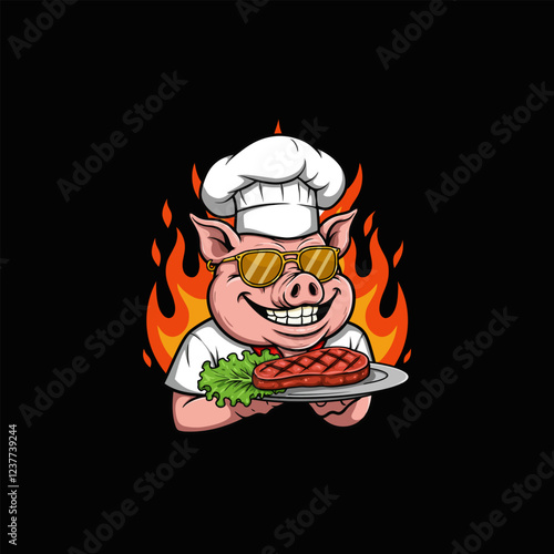 Chef Pig Grilled Steak, Flaming Grill, Cartoon Style