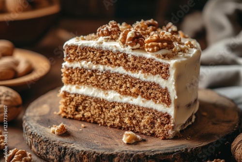 Wallpaper Mural Delicious Walnut Cake Slice Creamy Frosting Layers Torontodigital.ca