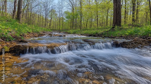 Spring creek flows through lush forest, tranquil nature scene, perfect for relaxation