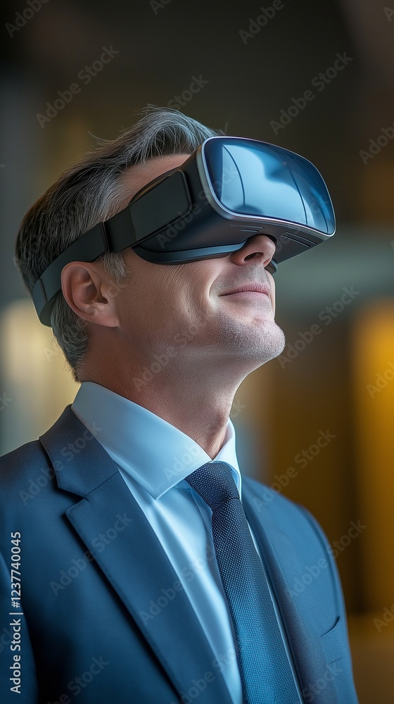 A middle-aged executive who is smiling and wearing virtual reality glasses is a confident, mature business leader. A middle-aged executive who is smiling and wearing virtual reality glasses is a confident, mature business leader.