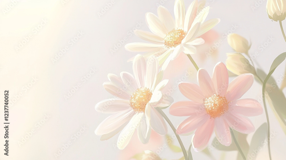 Delicate pink and white flowers with soft petals in serene background Delicate pink and white flowers with soft petals in serene background