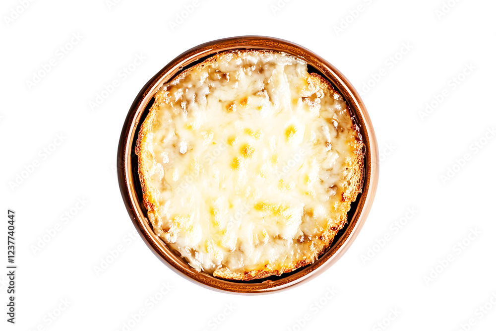 French onion soup, garnished with melted cheese golden yellow and crispy bread in brown ceramic cup. Elegantly presented on white background. Showcasing its rich texture and warm appeal.	