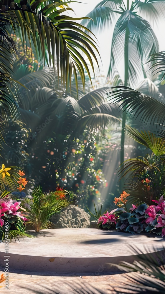 Tropical Garden with Podium for Product Display, Lush Greenery, Natural Outdoor Backdrop. AI generated illustration Tropical Garden with Podium for Product Display, Lush Greenery, Natural Outdoor Backdrop. AI generated illustration
