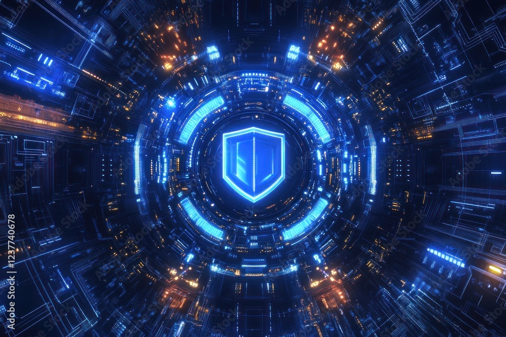 Obraz premium Futuristic digital shield design with glowing technology elements