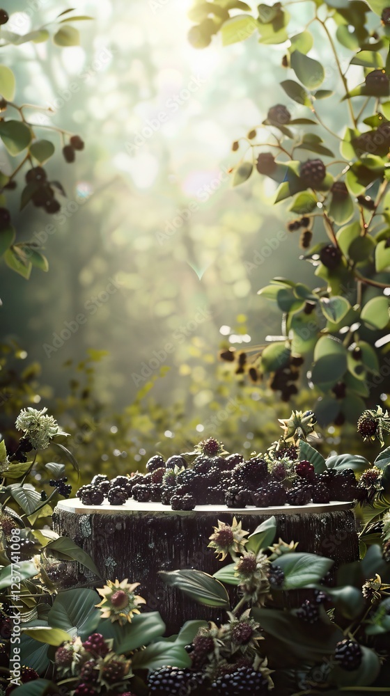 Podium with Blackberries and Morning Light, Fresh Berry Display, Natural Outdoor Backdrop. AI generated illustration