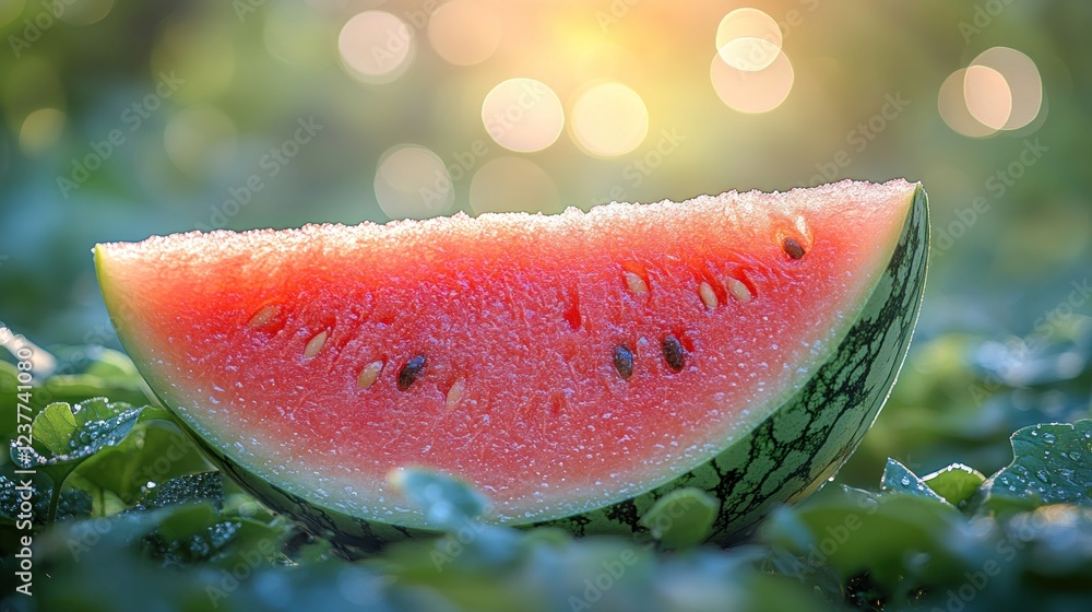 Juicy watermelon slice in garden sunset Juicy watermelon slice in garden sunset