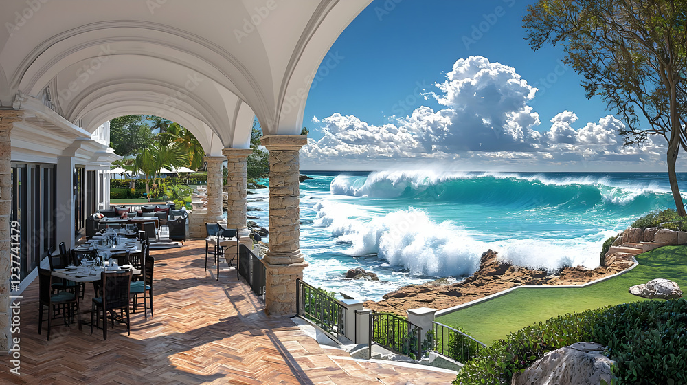 Fototapeta premium Oceanfront Restaurant, Waves Crashing, Luxury Patio