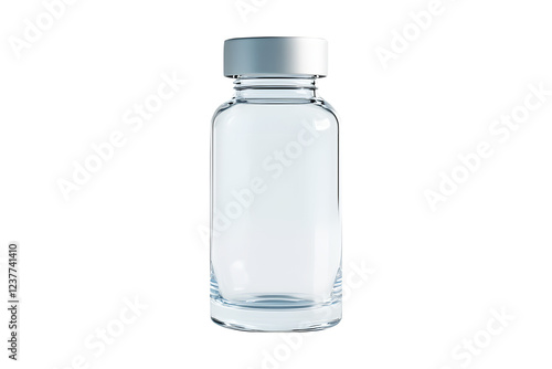 Luxury clear glass vaccine or medicine bottle with sleek and elegant design isolated on cut out PNG or transparent background. Shows bottle premium pharmaceutical concept. Medical Science Technology.