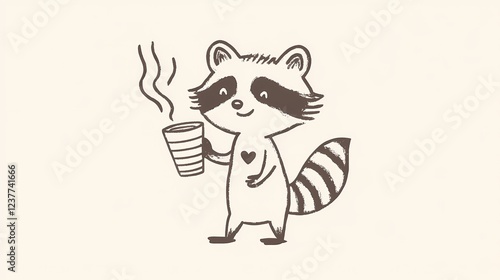 Hand-drawn raccoon holding a steaming coffee cup.