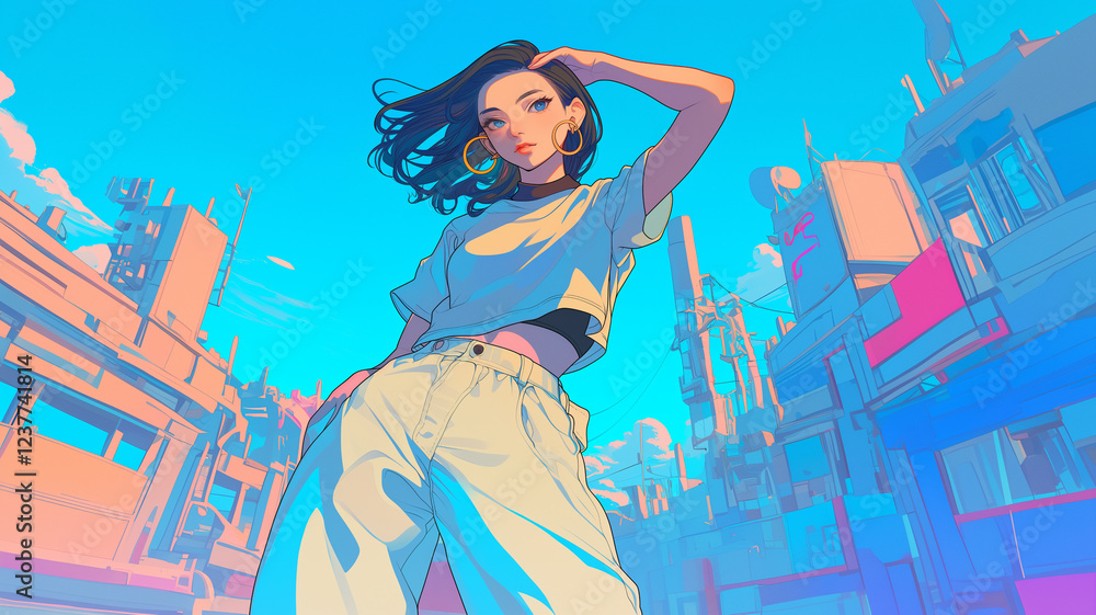 80年代レトロアニメ風イラスト|女性とカラフルな街並み 80年代レトロアニメ風イラスト|女性とカラフルな街並み