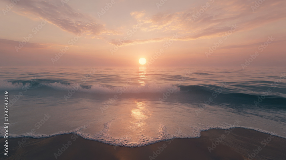 Fototapeta premium A breathtaking seascape at dawn, where gentle waves kiss the shore under a pastel-colored sky
