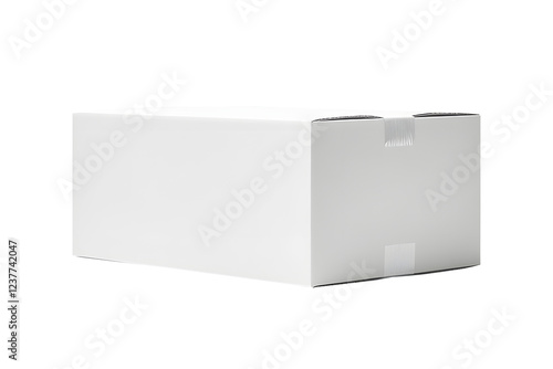 Cardboard white box or parcel box wrapped with thick tape isolated on cut out PNG or transparent background. Delivery packing items to be sent to their destinations. Shipping, and logistics services.	