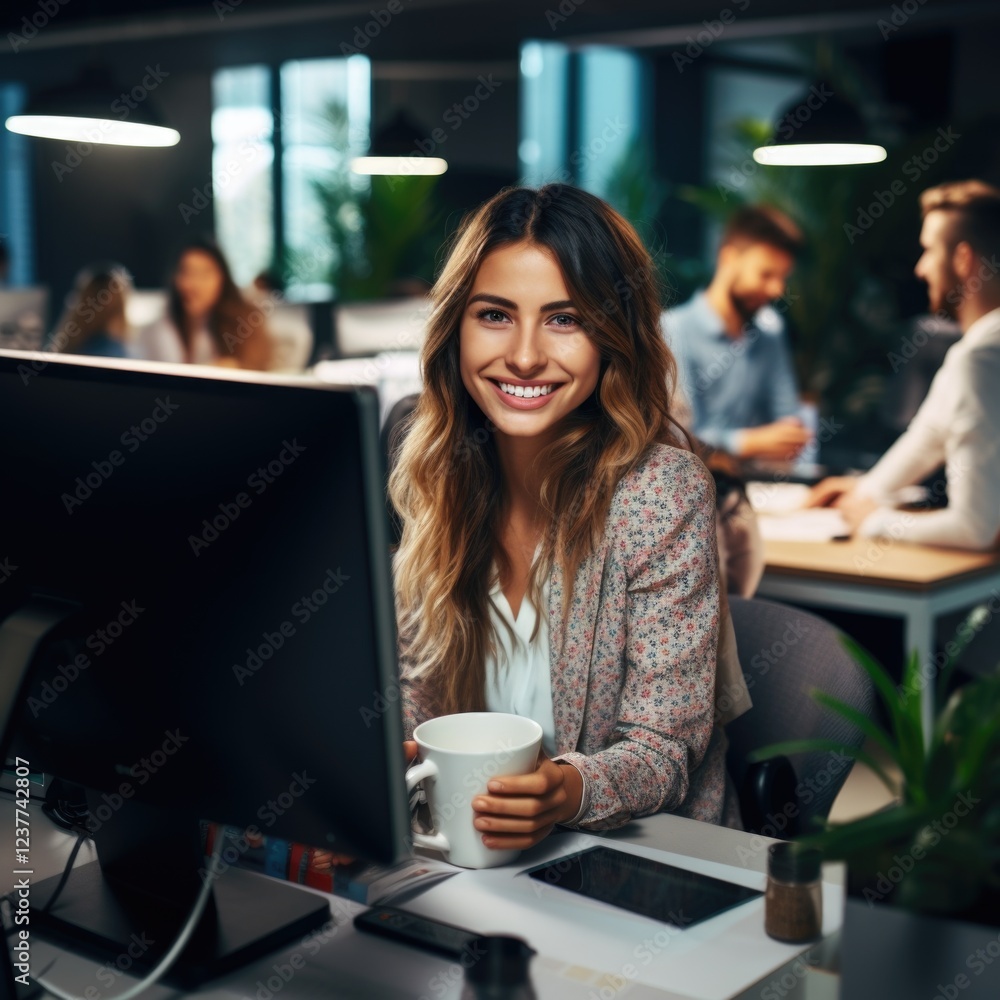 Young professional smiling at her desk in a modern office Young professional smiling at her desk in a modern office