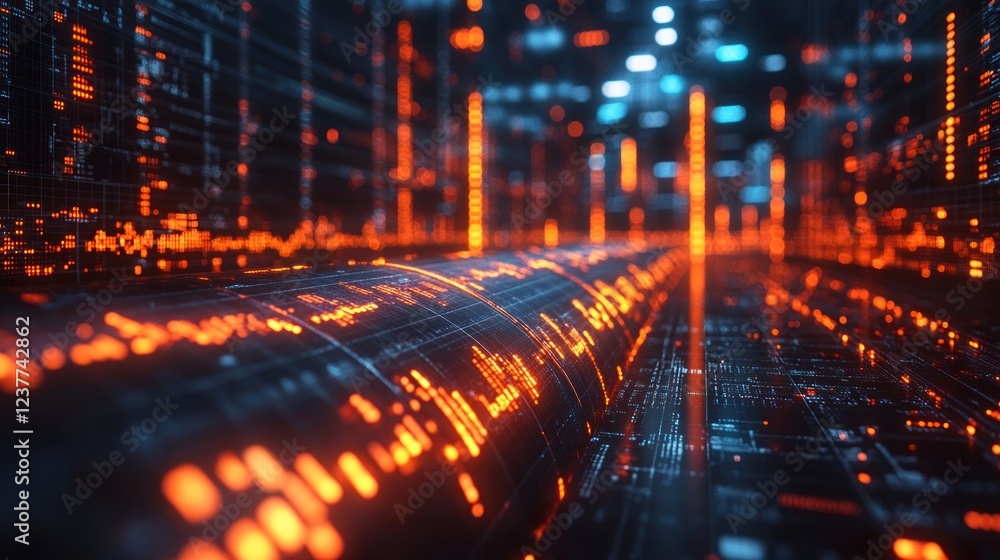 Data stream flowing through digital tunnel, glowing lines, tech background, futuristic concept Data stream flowing through digital tunnel, glowing lines, tech background, futuristic concept