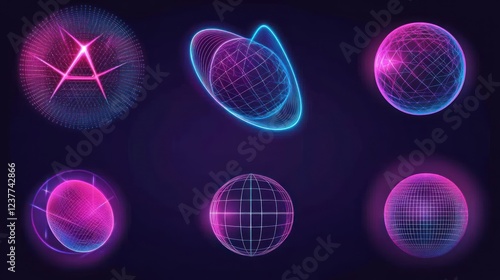 Futuristic glowing spheres with wireframe patterns