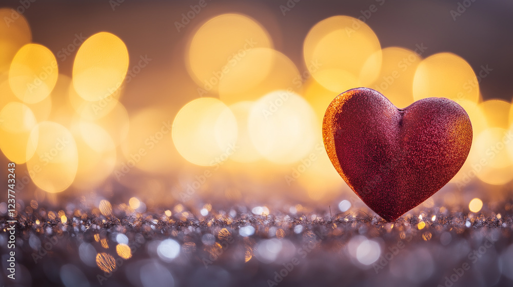 Shiny heart design with glowing bokeh lights on a sparkling, festive backdrop.