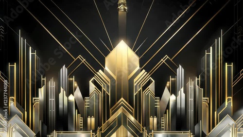 Gatsby Art deco 20s style animated pattern. Gold modern early 20th century ornament builds up and appears on black background. Geometric elegant abstract with glamorous shiny lines with flare.