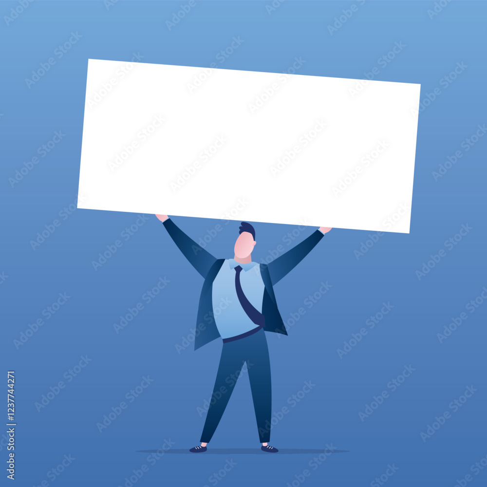 Confident businessman hold white placard with place for text. Smart male employee, happy character, white collar worker. Confident businessman hold white placard with place for text. Smart male employee, happy character, white collar worker.