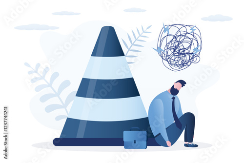 Businessman sitting near warning traffic cone, road safety barrier. Restricted access. Person is afraid to overcome obstacles or leave his comfort zone. Concept of caution,