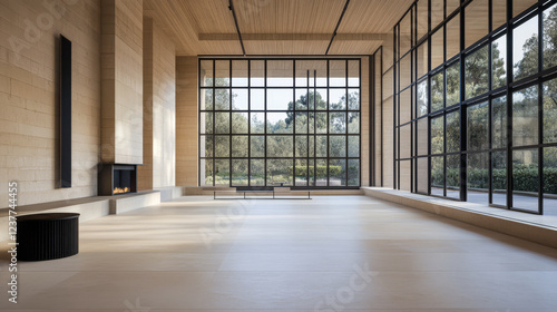 Wallpaper Mural Modern minimalist interior design of a spacious living room with large windows and fireplace Torontodigital.ca