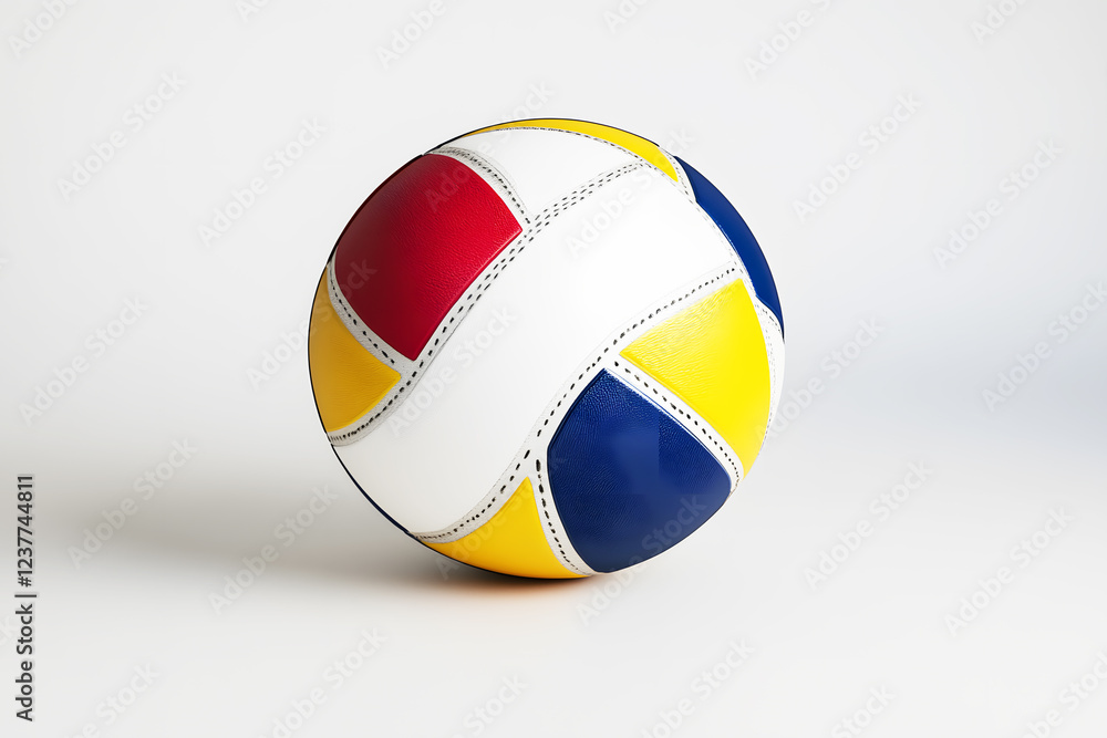 Fototapeta premium Volleyball Multi-colored white, red, blue, yellow on white background with light and shadow. Sport that is completed between two teams. Divided by high net.