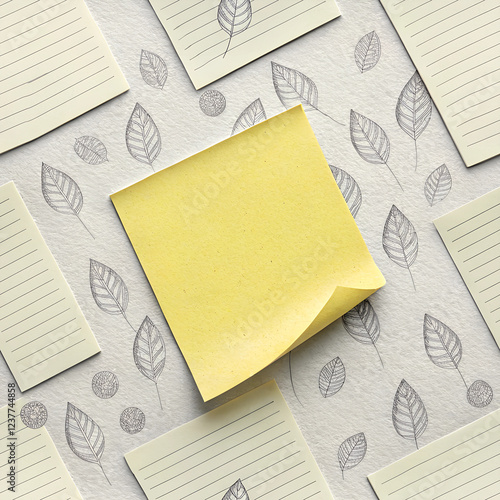 Single yellow sticky note on a leaf-patterned background surrounded by lined notes, seamless texture
