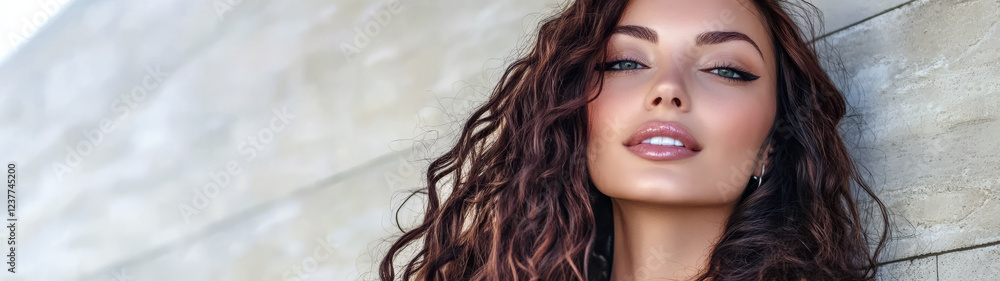 Obraz premium Young woman with curly hair poses against a modern wall in bright sunlight