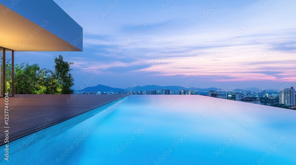 Fototapeta premium Modern Rooftop Pool Rooftop pool with underwater lighting, city lights at night, luxurious hotel, breathtaking view