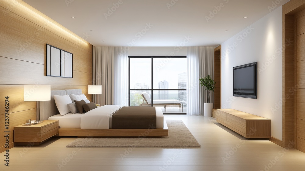 Modern minimalist bedroom interior design with large window and calming neutral colors for serene atmosphere Modern minimalist bedroom interior design with large window and calming neutral colors for serene atmosphere