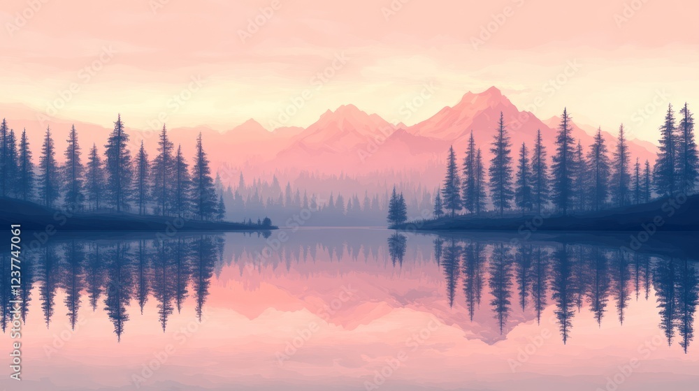 Fototapeta premium Pink sunset over tranquil mountain lake, reflecting pines