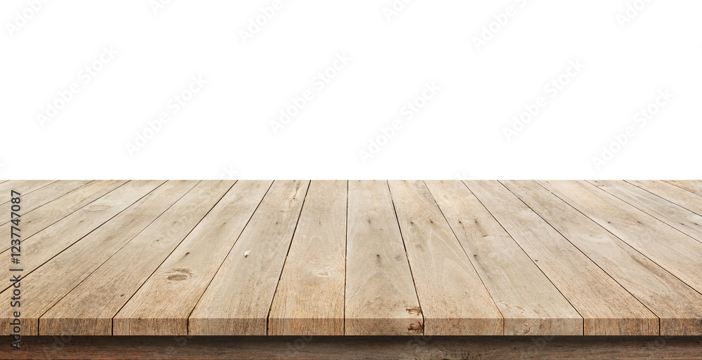 Empty top wood table isolated on white background used for display or montage your products Empty top wood table isolated on white background used for display or montage your products