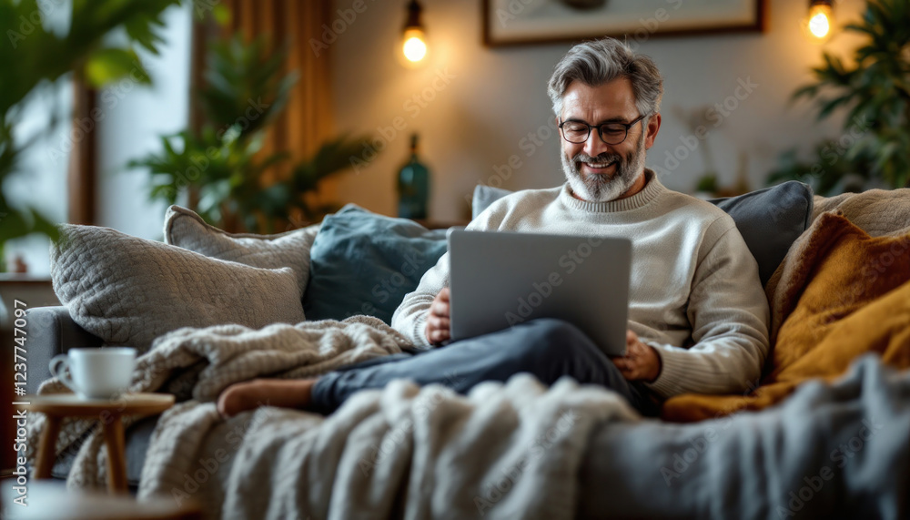 Fototapeta premium Man Relaxing On Sofa Using Laptop Comfortably