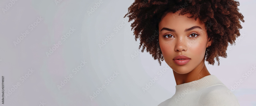 Young woman with curly hair poses against a minimalistic background showcasing natural beauty Young woman with curly hair poses against a minimalistic background showcasing natural beauty